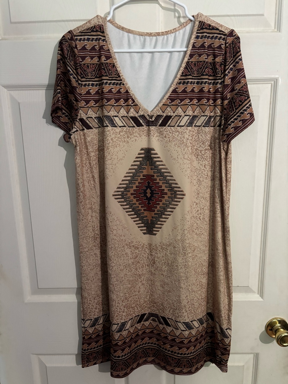 Boho V-Neck Tunic Dress in Beige with Southwestern Print